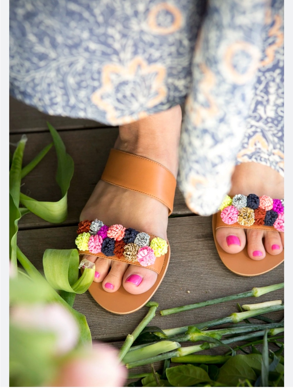 Loeffeler Randal Sandals with Multicolor Crochet Pom Trim